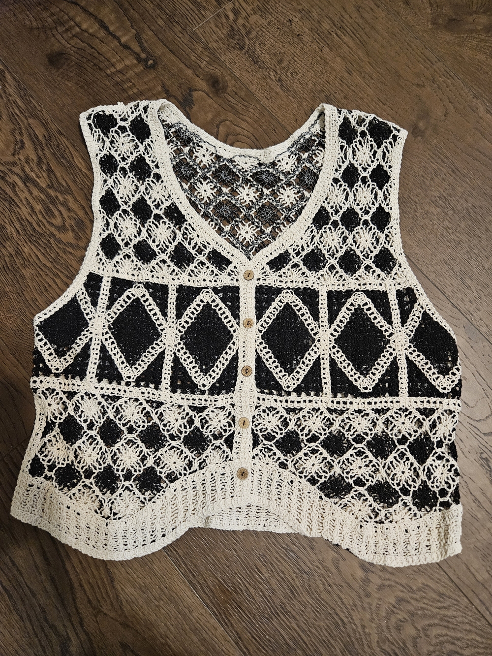 Crochet Knit Button-Front Vest in Black and Cream